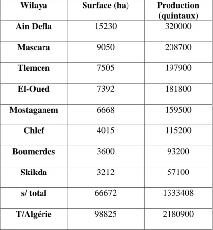 Tableau 3 : les principales wilayas productrices de pomme de terre pour l’année 2006  (Madrp, 2006)
