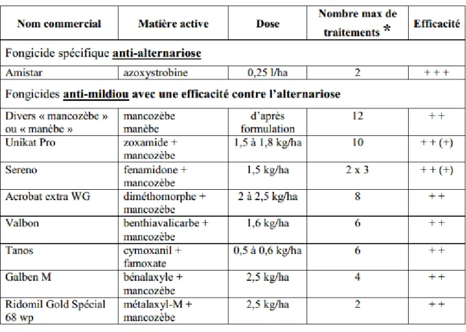 Tableau 6 : Principaux fongicides actifs sur l’Alternariose de pomme de terre. 