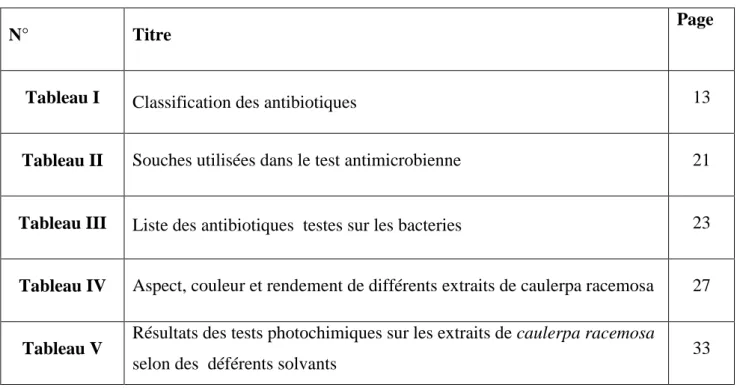Tableau I  Classification des antibiotiques      13 