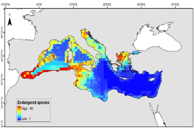 Figure  1:  Carte  représentant  le  hot  spot  de  la  méditerranée,  (avec  100  espèces  menacées)