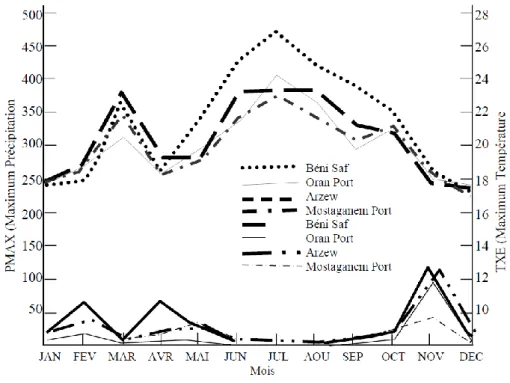 Figure  18:  Interface des changements  des  maximums  des  températures  (Bouras  et  al.,  2007)  et  des  précipitations