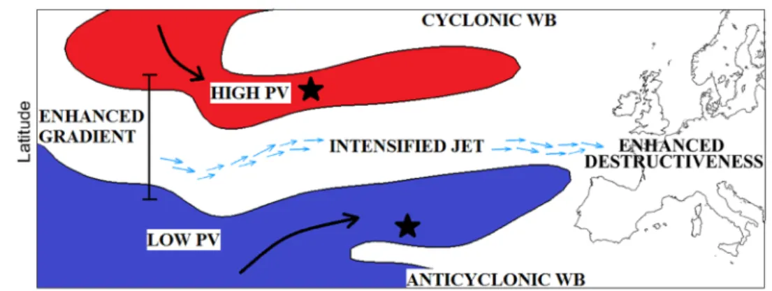 Fig. 1    Schematic illustrating the  impact of DWB on the  large-scale flow. The thin black lines  show idealised PV contours