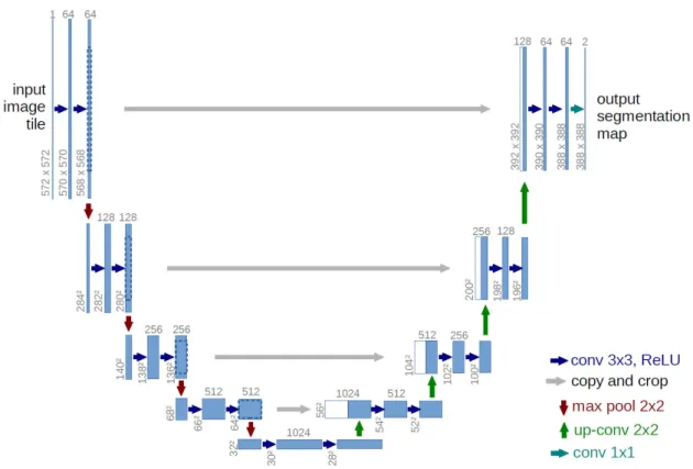 Figure 2.9: The U-Net architecture as described by Ronneberger et al. [RPB15]. We see the encoder decoder structure with skip-connections between them.