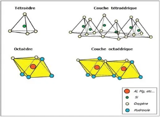 Fig.  I-13 : représentation des couches tétraédrique et octaèdre  III-3 Classification des minéraux argileux 