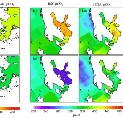 Fig. 3. January and July examples of the pCO 2 maps used for the Danish coastal area. Both are based on the BSC climatology