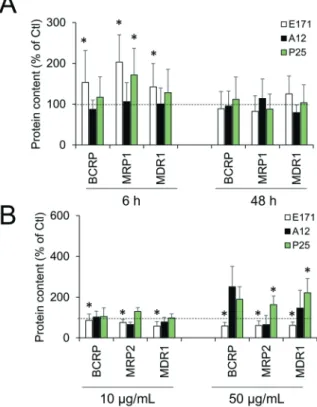 Fig. 6 E171 and TiO 2 -NPs alter levels of ABC transporters. Protein content was quantified by Western blot