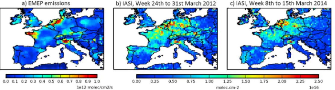 Figure 1. (a) Mean weekly EMEP NH 3 reference emissions at 10:00 LST from 24 to 31 March 2012 and from 8 to 15 March 2014, in 10 12 molecules cm 2 s 1 