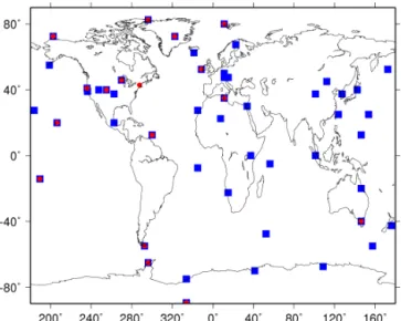 Figure 1. Surface sites from the NOAA, CSIRO, NIWA and EC networks used in this study with red circles for surface sites  observ-ing MCF dry air mole fractions and blue squares for surface sites observing CH 4 dry air mole fractions.