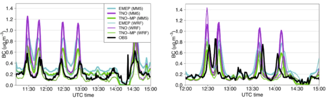 Figure 6. Observed (in black) and simulated BC concentrations along the aircraft trajectory for 10 (left panel) and 13 July (right panel).