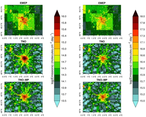 Figure 1. BC (left panels) and NO x (right panels) emissions in EMEP, TNO and TNO-MP inventories.