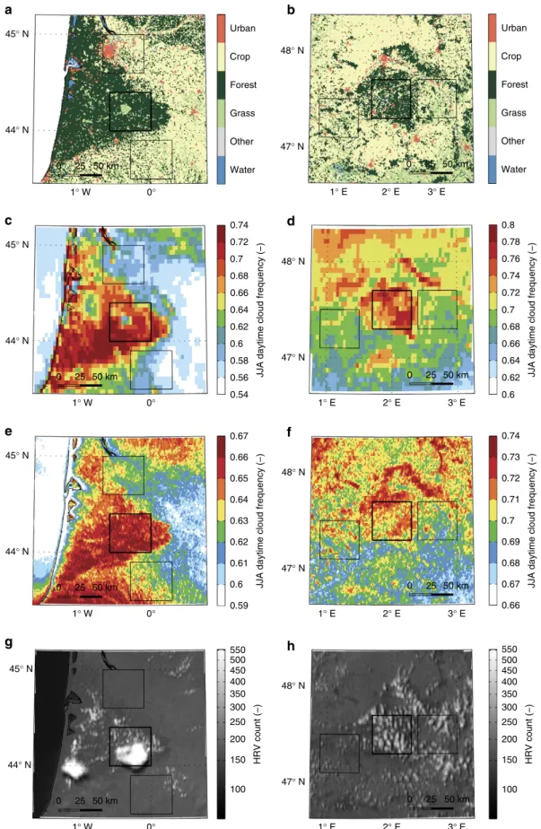 Figure 1 | Forest cover and summer cloud occurrence. (a,b) Land cover maps for the Landes (a) and Sologne (b) regions