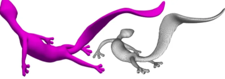 Figure 17: Elk model (10 biarcs, 15 line segments). Note how the interpolating ellipsoids provide an accurate preliminary  visu-alization for the final convolution surface.