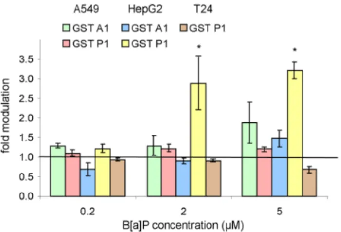 Figure 7. Modulation of the expression of a series of GST genes in HepG2, A549 and T24 cells exposed to increasing  concen-trations of B[a]P from 0.2 to 5 mM