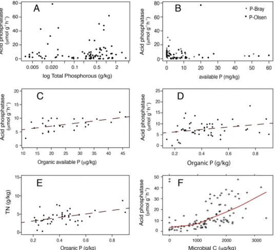 Figure 2.  Acid phosphatase relationships. Acid phosphatase as a function of Total Phosphorus (A), Available  P (B), organic available P (C) and organic P (D)