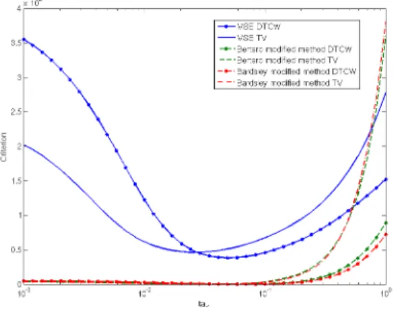 Fig. 7. Comparaison of the total variation prior and the complex wavelet prior for the estimation of τ on the synthetic image (b) from the figure 2.
