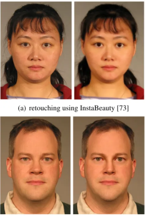 FIGURE 4: Examples of images before (left) and after (right) facial retouching of a female and a male face image using different mobile beautification apps.