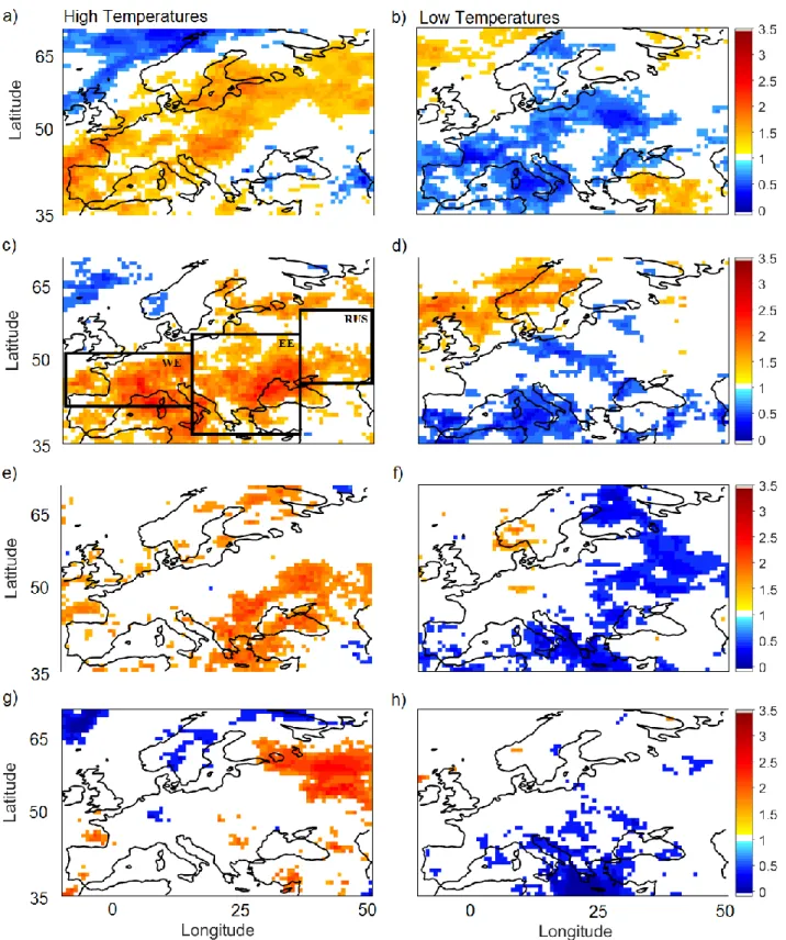 Figure 2. Fractional changes in the frequency of wintertime hot (a, c, e, g) and cold (b, d, f, h) surface  temperature extremes conditional on low instantaneous dimension and high persistence events  rela-tive to the climatology, at (a, b) lag 0; (c, d) l
