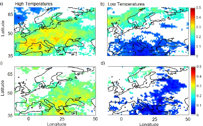Figure 3. Fraction of low instantaneous dimension and high persistence extremes associated with hot  (a, c) and cold (b, d) wintertime surface temperature extremes at a given location, at (a) lags +2 to +4  and (b) lags +5 to +7 days