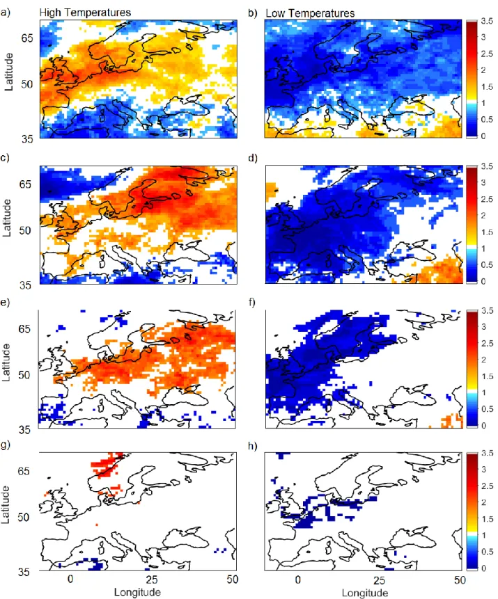 Figure  S3.  Fractional  changes  in  the  frequency  of  wintertime  hot  (a,  c,  e,  g)  and  cold  (b,  d,  f,  h)  surface temperature extremes conditional on high NAO events relative to the climatology, at (a, b)  lag 0; (c, d) lag +4, (e, f) lag +6 