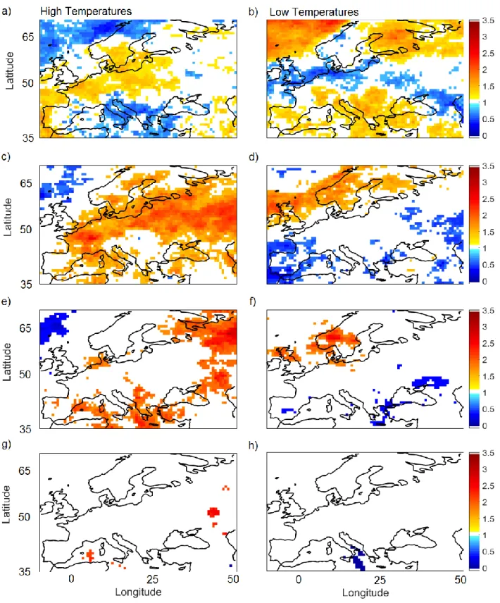 Figure  S4.  Fractional  changes  in  the  frequency  of  wintertime  hot  (a,  c,  e,  g)  and  cold  (b,  d,  f,  h)  surface temperature extremes conditional on geopotential extremes as defined in Text S2, at (a, b) lag  0; (c, d) lag +4, (e, f) lag +6 