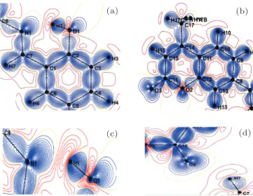 Figure 3 shows the electron charge density distributions in two different planes of the molecule: the first plane (a) formed by the electro -acceptor group (2-hydroxyphenyl), and the  sec-ond plane (b) containing the electro- donor group (coumarin).