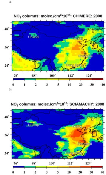 Figure 1 presents the spatial distributions of the simulated and measured NO 2 columns over China (before  smooth-ing)