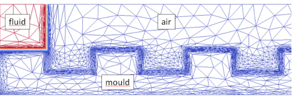 Figure 1: Adapted mesh to accurately represent, in an implicit way, the interface between air, fluid and the mould shape.