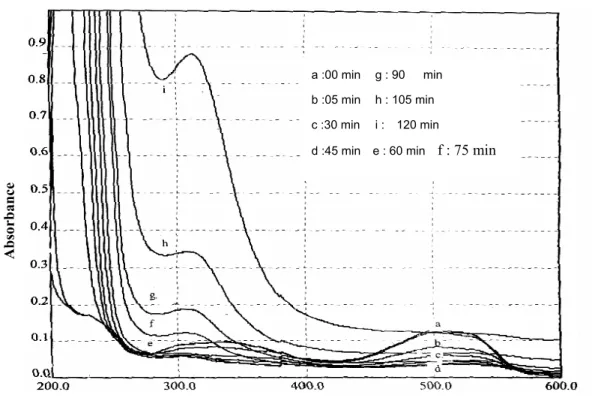 Figure 7: Evolution des spectres d'absorption du Rouge    Ecarlate de Nylosane en fonction du temps de traitement.