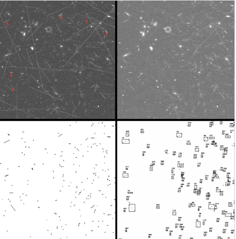 Fig. 1. Streak detection steps. The top left image shows a quadrant of a raw CCD file
