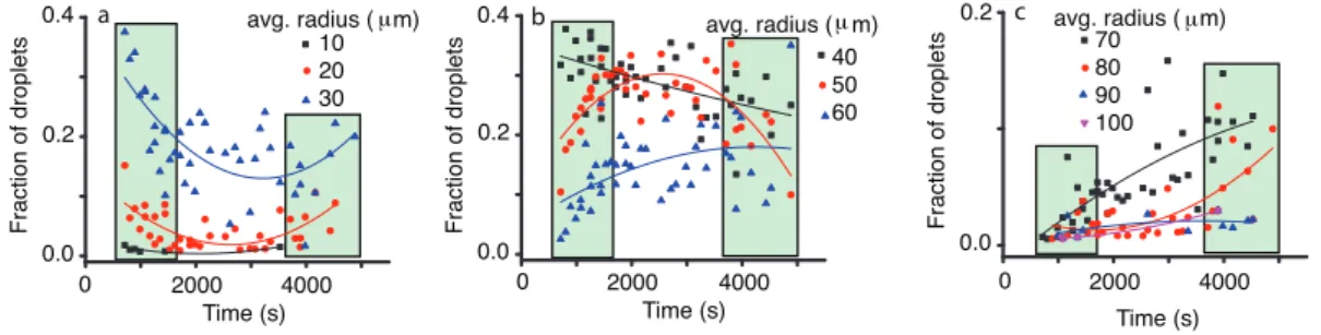 Figure 9. The evolution of different bins of 10 µm centered at the radii of 10 µm (solid square), 20 µm (solid circle), 30 µm (solid triangle) (a); 40 µm (solid square), 50 µm (solid circle), 60 µm (solid triangle) (b); and 70 µm (solid square), 80 µm (sol