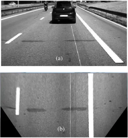 Figure II.1 : La transformée inversée par la méthode IPM, (a) Image vue de scène,  (b) Image vue d’oiseau 