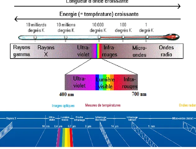 Figure  2.5 :  Schéma  illustrant  la  répartition  du  REM  en  différentes  gammes  de  longueurs  d’onde (adapté de BOUREAU) [44]