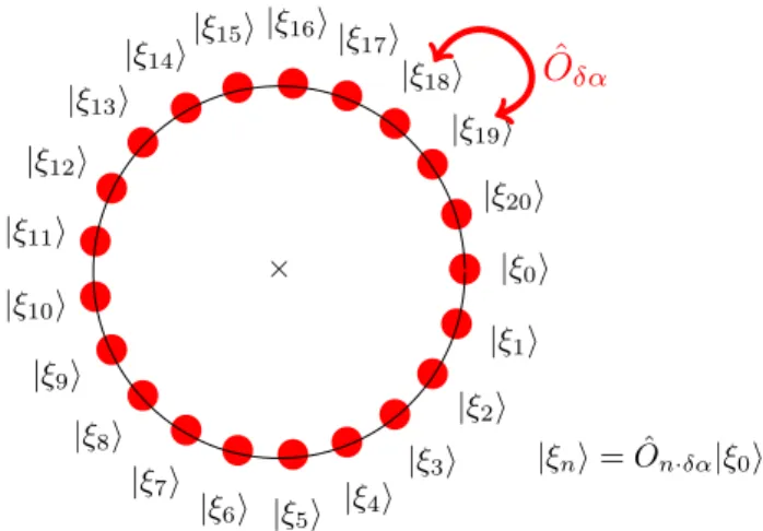 FIG. 3: Visual representation of the ‘orientational basis’ that we use to measure the emer- emer-gence of the shape of the nuclear skeleton: Dirac delta distributions are located at molecular structures connected by rotation (shown in 2D).