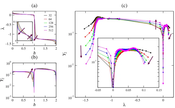 Figure 2. Spectra of LEs λ (j) against the rescaled index h ≡ (j − 0.5)/N (a), those of IPRs Y 2 (j) (b), and the parametric plots (λ (j) , Y 2 (j) ) (c), measured at different sizes N for the globally-coupled limit-cycle oscillators (2)