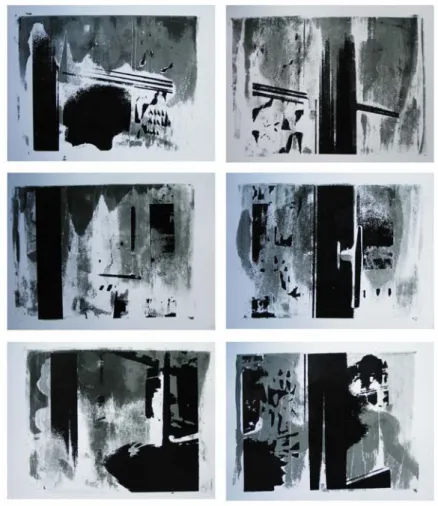 Fig. 08. Dérivés de panneaux en gris, sérigraphie sur carton, 6x 47x50 cm, 2005. 