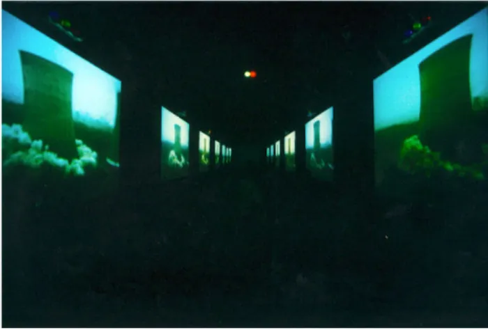 Fig. 26. Piero Steinle und Julian Rosenfeldt, Detonation Deutschland, Videoinstallation,  Orangerie, München, 1996. 