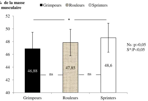 Figure n° 26 : Représentation graphique du pourcentage de la masse musculaire par types de  coureurs 