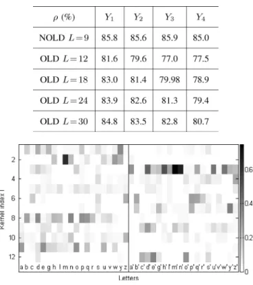 Fig. 10. Utilization matrix for the OLD on set . The means of the absolute values of the coefficients is given as a function of the kernel indices and the letters