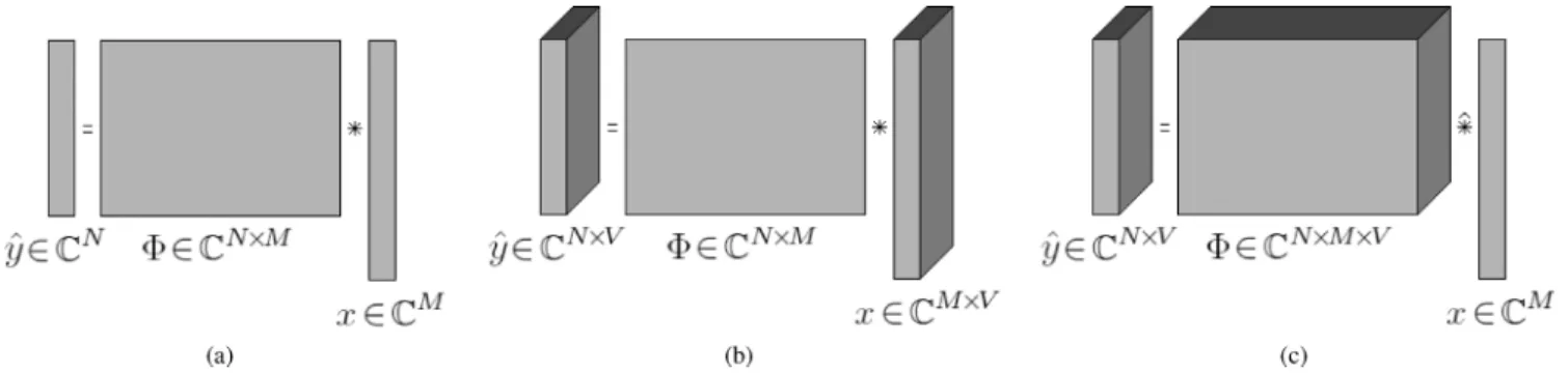 Fig. 1. Decomposition with (a) classical, (b) multichannel, and (c) multivariate frameworks