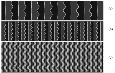 FIG. 5. Faraday waves for different parameters of vibrations: (a) f = 5 Hz, a = 2.5 mm, band pattern period = 0 