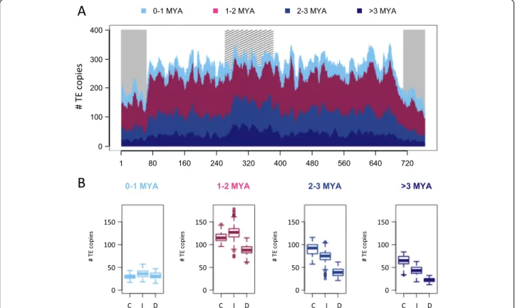 Figure 4 Relationships between insertion dates and chromosomal locations of LTR-RTs. In total, 21,165 LTR-RTs with an estimated insertion date have been grouped within four classes: 0 to 1 MYA (blue), 1 to 2 MYA (purple), 2 to 3 MYA (green), >3 MYA (red