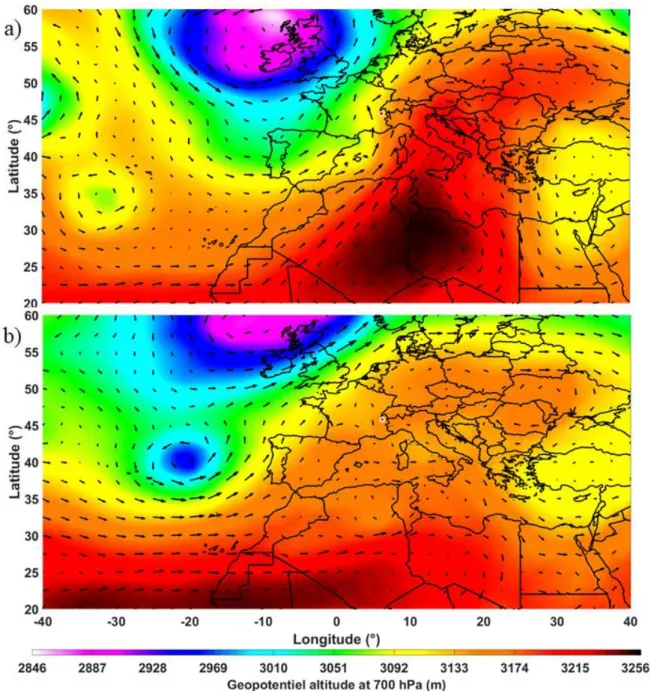 Figure 8. ECMWF ERA5 geopotential height at 700 hPa and horizontal winds at 700 hPa (black vectors) on (a) 14 June and (b) 17  June 2019