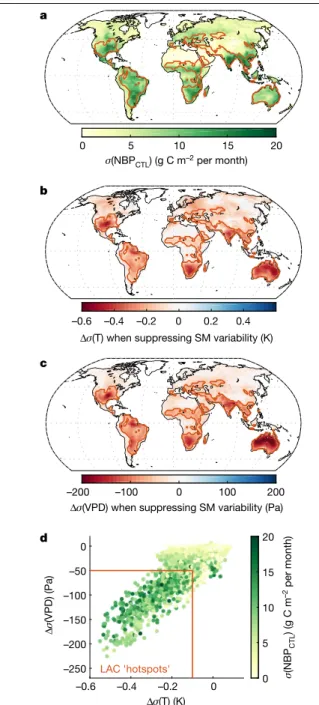 Fig. 4 | NBP variability and LAC hotspots. a, Simulated NBP IAV in the control  simulation (median across the four models)