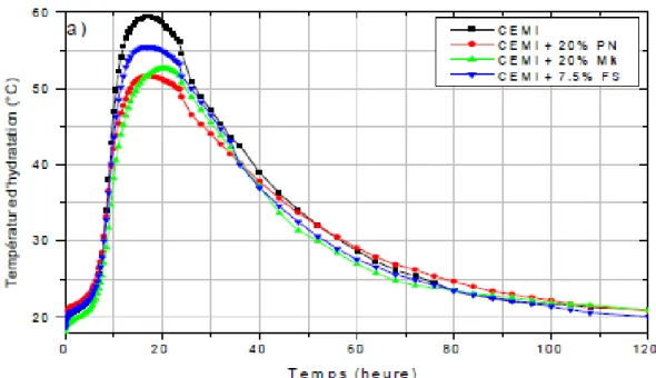 Figure I.12 : Courbes d’élévation de la température en fonction du temps de différents mélanges  -(essai de calorimétrie)