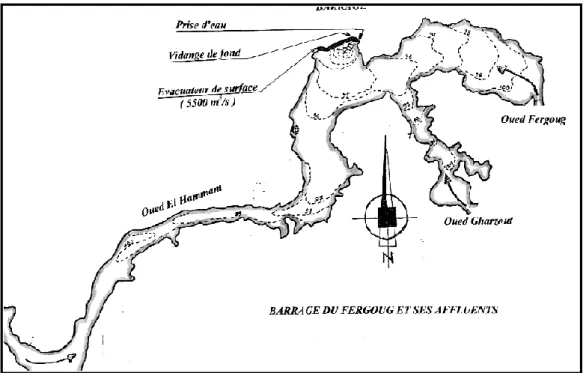 Figure I.27 : Le barrage du Fergoug, ses ouvrages annexes et ses affluents [102]. 