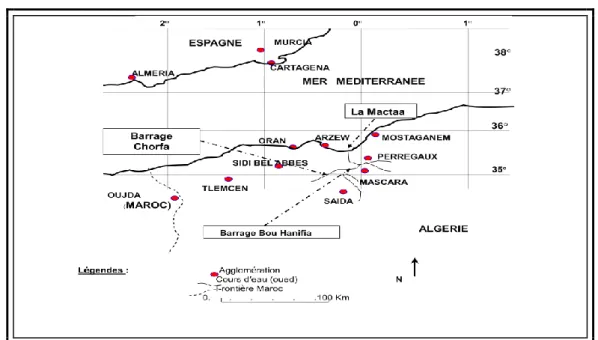 Figure I.30 : Situation géographique de la ville de Mascara et du barrage de Chorfa. 