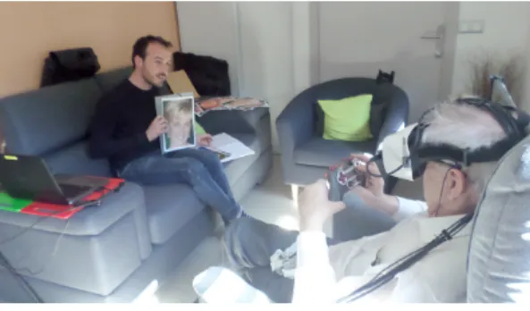 Figure 9: Illustration of the experimentation in a realistic environment. A patient is wearing a headset while being asked to judge a portrait at intermediate distance
