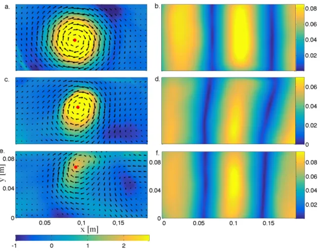 FIG. 2. Left: snapshots of the surface mean-flow U for U 0 = 66 mm.s −1 . The arrows are the velocity field in arbitrary units, and color codes for the negative of vertical vorticity, −ζ, in inverse seconds