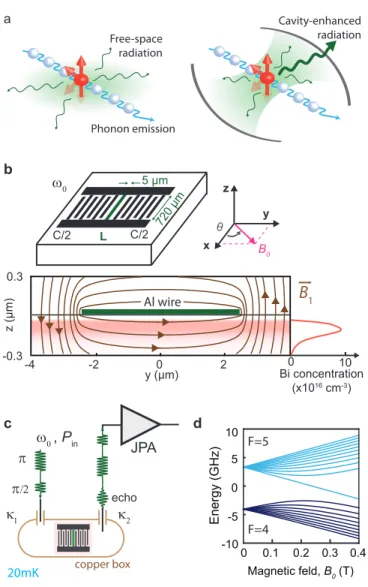 FIG. 1. Purcell-enhanced spin relaxation and experimental setup. a) By placing a spin in a resonant cavity, radiative spin relaxation can be made to dominate over intrinsic processes such as phonon-induced relaxation