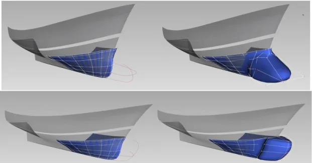 Figure 2: Initial shape (left) and deformed shape to generate a bow (right) for the trawler ship, to reach two line targets (in red).